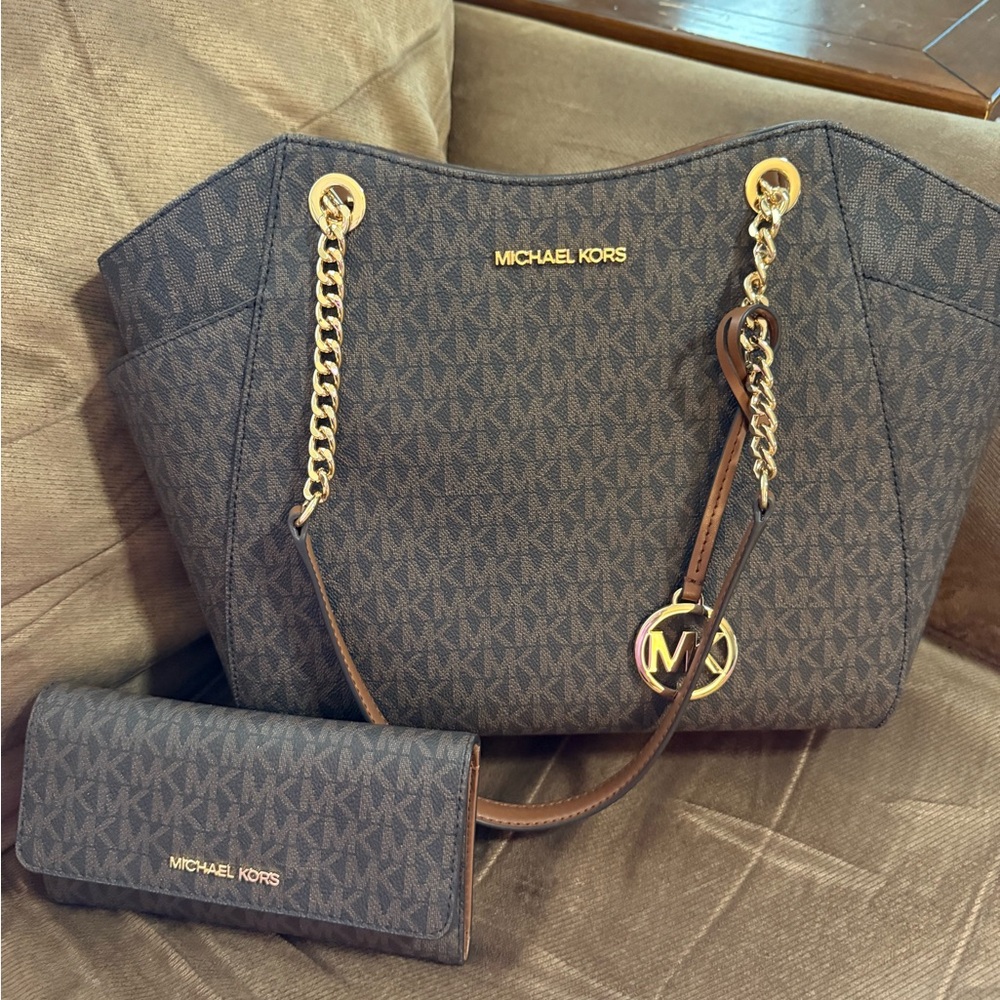 Michael Kors Dark Brown Tote and Wallet Set